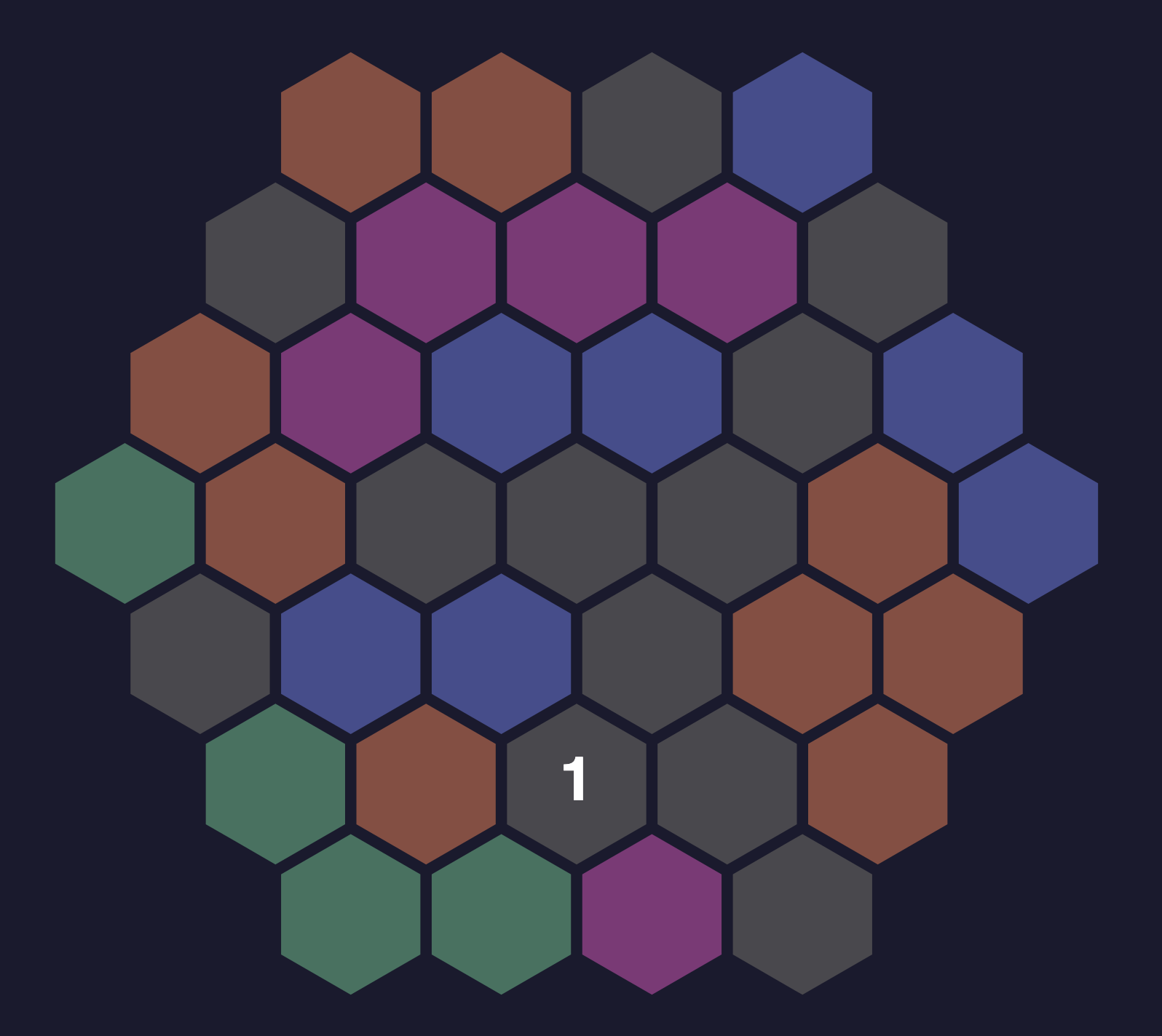 A partly-filled Hexatonic board with a single revealed digit 1 near the bottom and a colored tile to its left